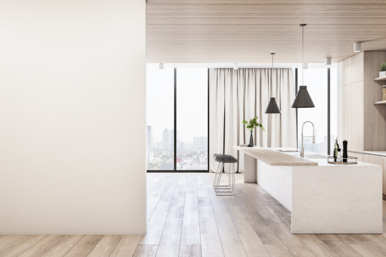 Modern wood and concrete kitchen interior with empty mock up place on wall, island, appliances and window with city view and daylight. 3D Rendering
